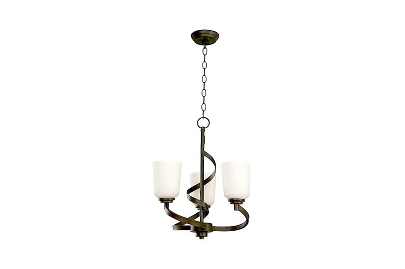 Lámpara colgante chocolate 3L E27 60W Sinsa, vista frontal con tres pantallas blancas y estructura curva