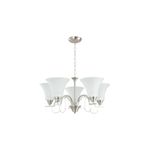 Lámpara colgante níquel satinado 5L E27 60W Sinsa, vista frontal completa con pantallas de vidrio blanco opaco