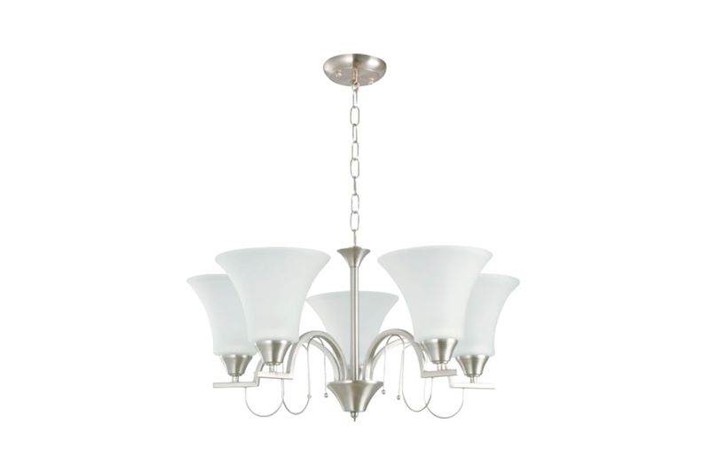 Lámpara colgante níquel satinado 5L E27 60W Sinsa, vista frontal completa con pantallas de vidrio blanco opaco