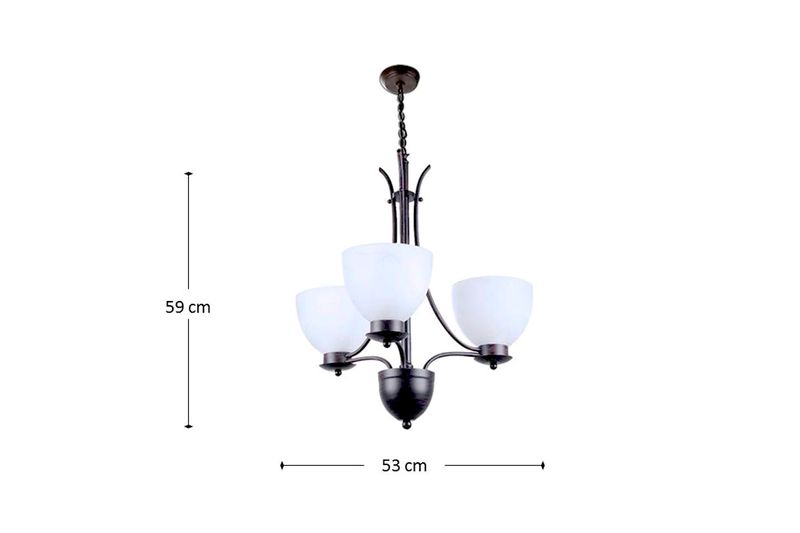 Lámpara colgante negro cepillado 3L E27 60W Sinsa, vista frontal con dimensiones de 59 cm de alto y 53 cm de ancho