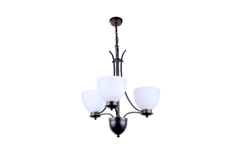 Lámpara colgante negro cepillado 3L E27 60W Sinsa, vista frontal con tres pantallas de vidrio blanco opaco
