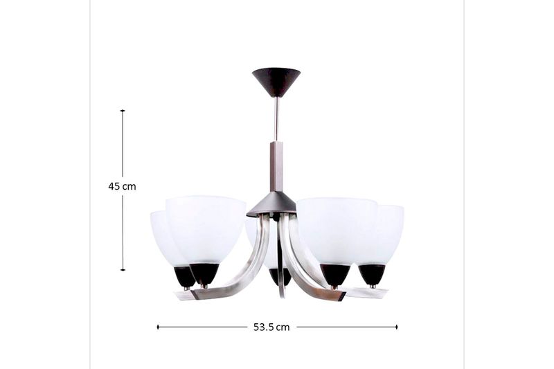 Lámpara colgante níquel satinado 5L E27 60W Sinsa, gráfico con dimensiones de 45 cm de alto y 53.5 cm de ancho