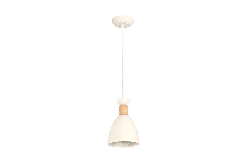 Lámpara colgante blanco 1 luz E27 40 W Ikelite, vista frontal completa con detalle de soporte de madera clara