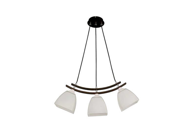 Lámpara colgante bronce cepillado 3L E27 60W Ikelite, vista frontal con tres pantallas de vidrio blanco opaco