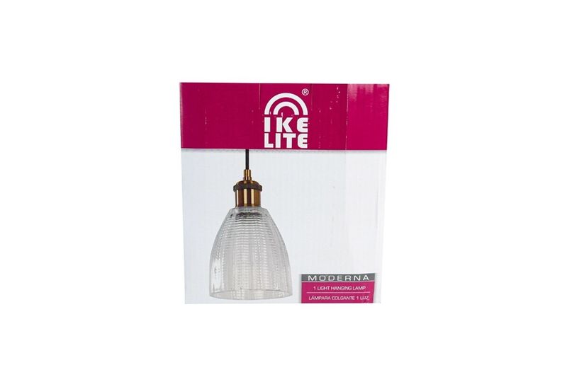 Lámpara colgante negro 1 luz E27 60 W Ikelite, presentada en su empaque blanco y magenta con ventana transparente