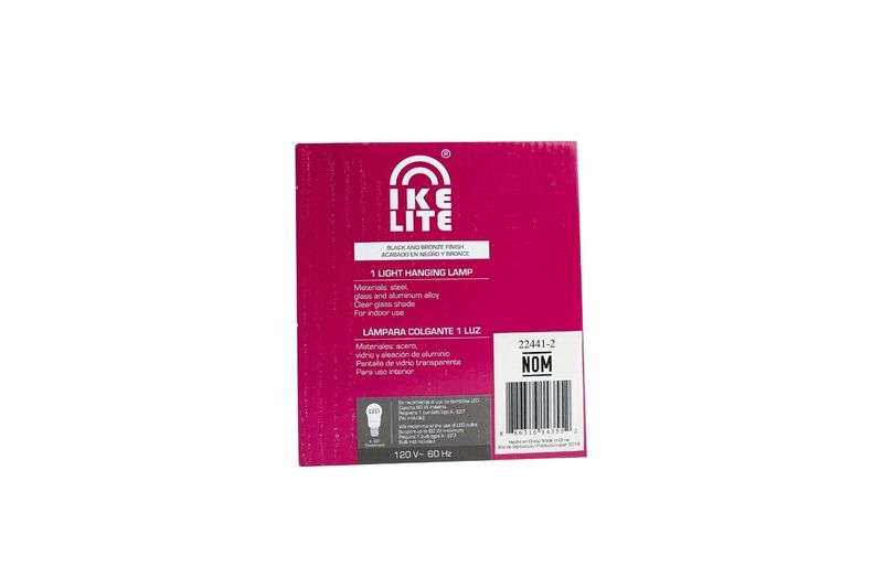 Lámpara colgante negro 1L E27 60W Ikelite, empaque posterior con especificaciones técnicas y código de barras