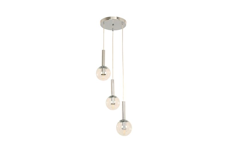 Lámpara colgante cromo 3L E27 40W Sinsa, vista frontal de las tres bombillas esféricas transparentes a distintos niveles