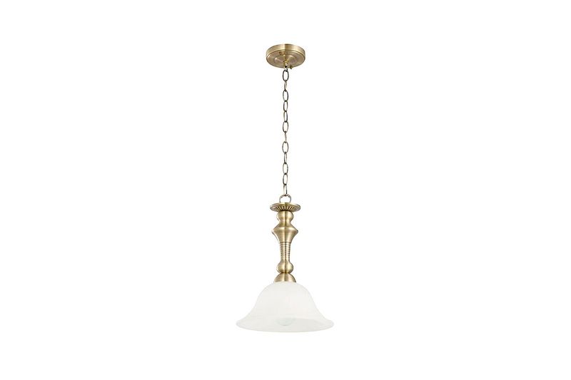 Lámpara colgante bronce antiguo 1L E27 60W Sinsa, vista frontal completa con cadena y pantalla de vidrio blanco