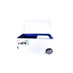 Hielera 82 qt Offshore Pro Series con ruedas blanco Coleman, abierta mostrando el interior azul y divisiones blancas