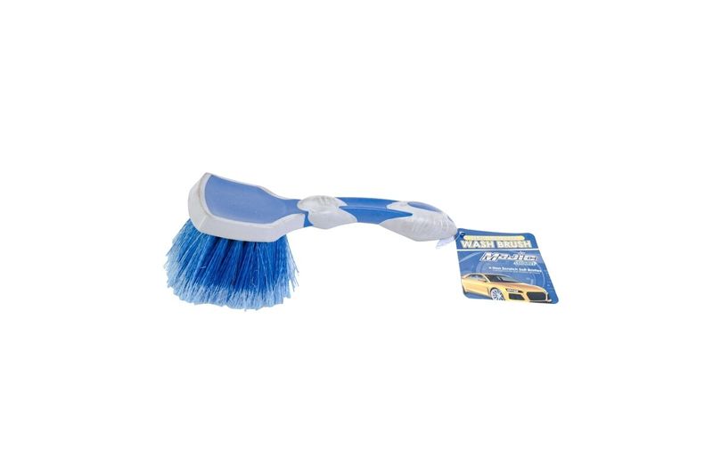 Cepillo azul para interiores de auto 10 pulgadas Majic, vista lateral del cepillo con etiqueta informativa colgando