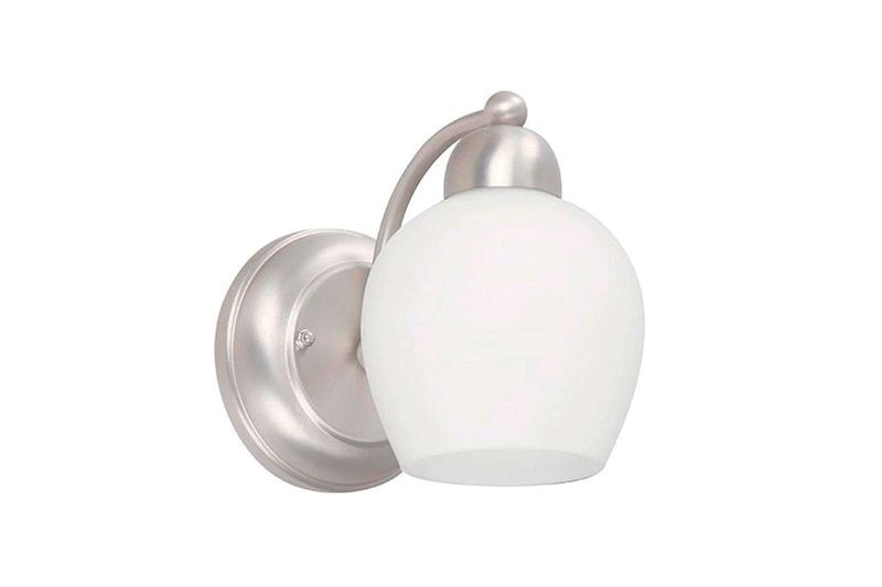 Lámpara pared Ariadna níquel satinado 1 luz E27 60W Ikelite, vista lateral con pantalla de vidrio blanco opalino