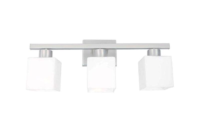 Lámpara pared Fariza níquel satinado 3 luz E27 60W Ikelite, frente de la base metálica y tres pantallas de vidrio blanco