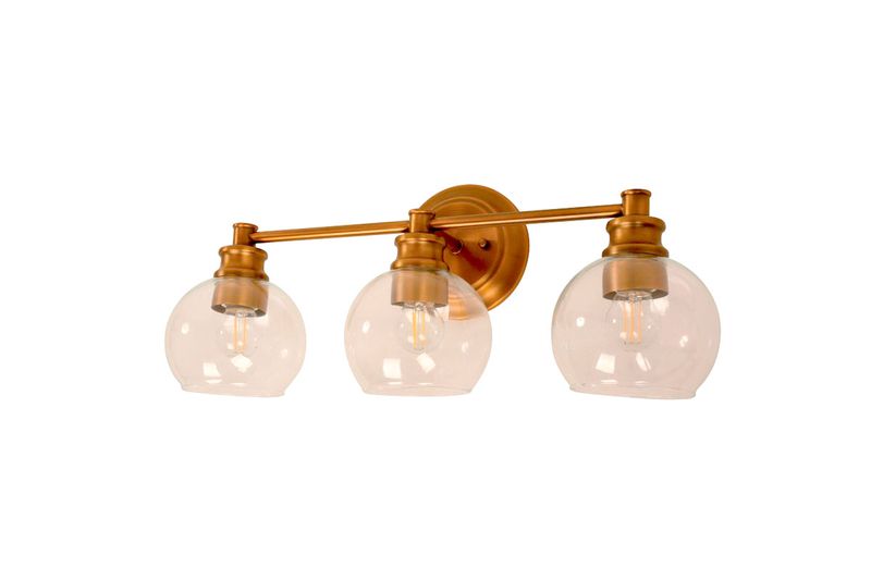 Lámpara pared bronce/dorado 3 luz E27 40W Designers Lighting, vista frontal con tres globos de vidrio transparente