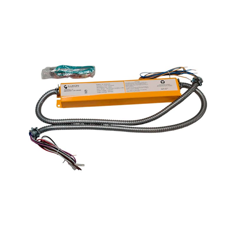 Driver de emergencia 8 W 90 min MV para módulo Ilukon, equipo naranja con cables y manguera metálica flexible