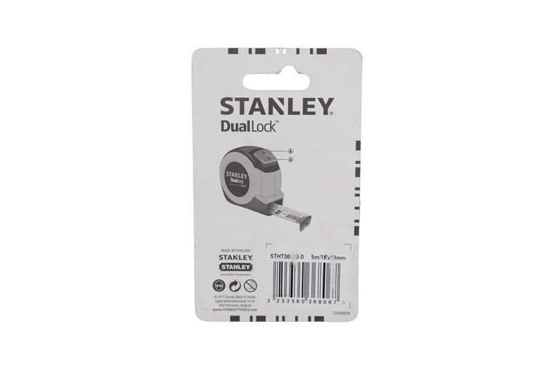 Cinta métrica Dual Lock 5 mts 19 mm Stanley, empaque blanco con ilustración del producto y código de barras