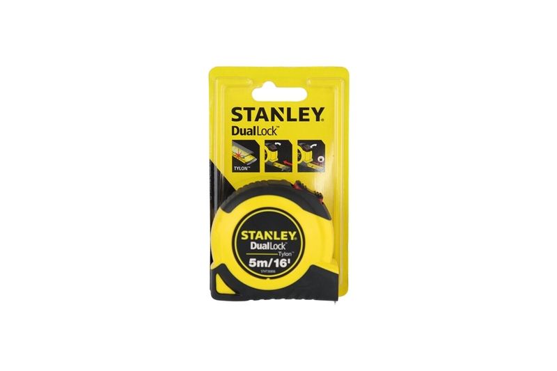 Cinta métrica Dual Lock 5 metros y 19 mm Stanley, vista frontal del producto en su empaque amarillo de cartón
