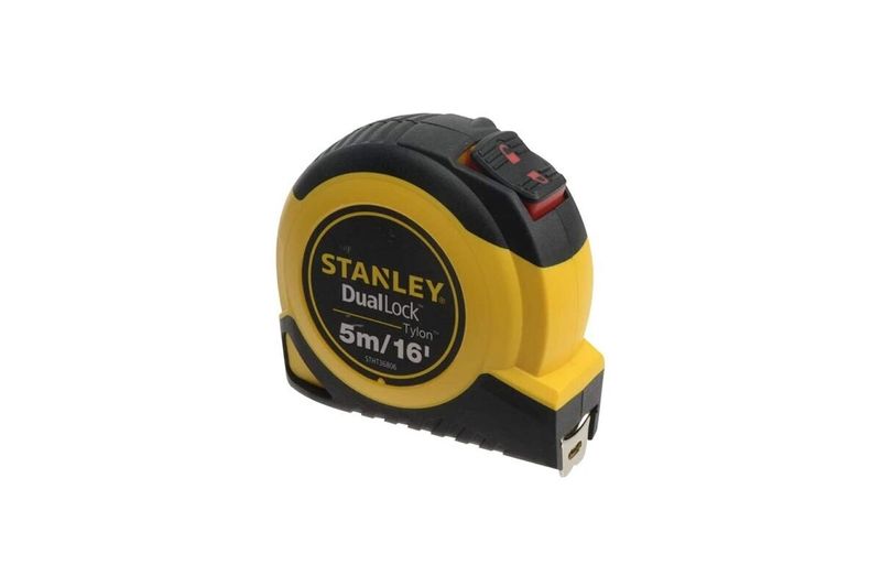 Cinta métrica Dual Lock 5 mts 19 mm Stanley, vista frontal del cuerpo amarillo y negro con logo y especificaciones