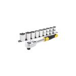Juego de copas 1/2" + rachet 1/2" 11 piezas Stanley, vista superior del rachet con mango amarillo y copas organizadas