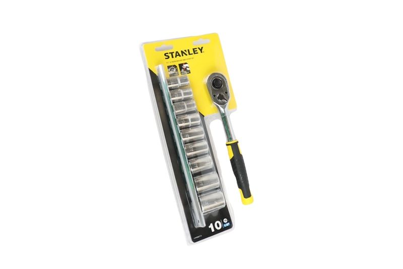 Juego de copas 1/2" + rachet 1/2" 11 piezas Stanley, set completo en su empaque plástico con soporte amarillo