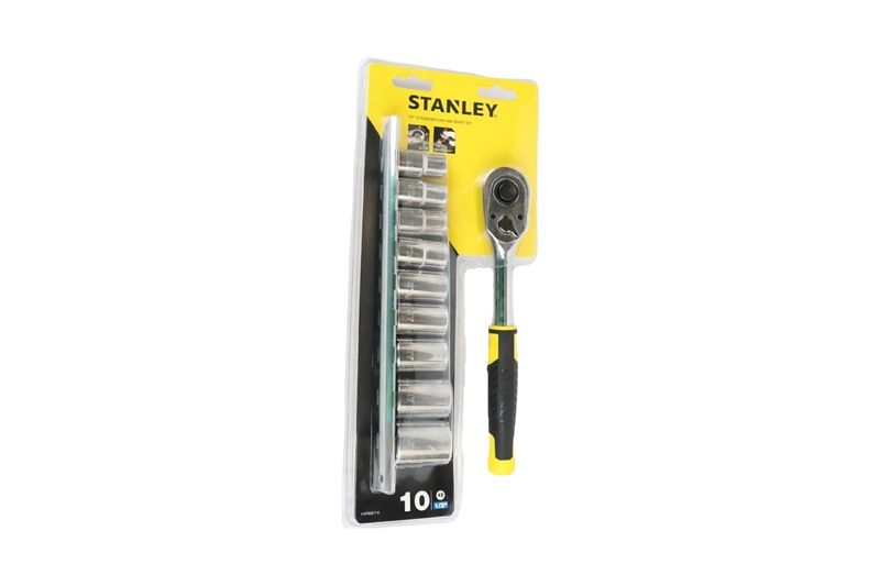 Juego de copas 1/2" + ratchet 1/2" 11 piezas Stanley, set completo organizado en empaque plástico con soporte amarillo