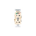 Toma hembra doble polar grado hospital tierra aislada 20 A 125 V marfil Leviton, vista frontal del dispositivo