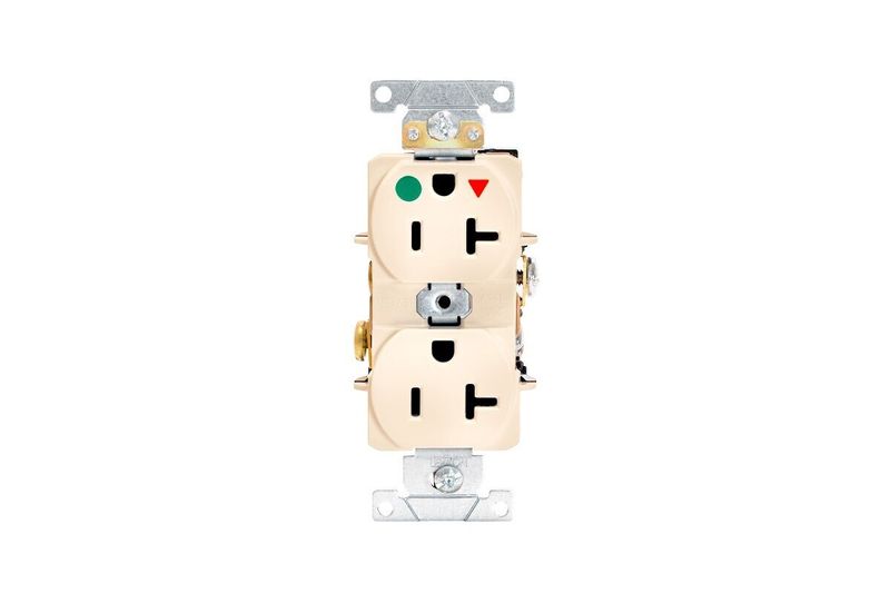 Toma hembra doble polar grado hospital tierra aislada 20 A 125 V marfil Leviton, vista frontal del dispositivo