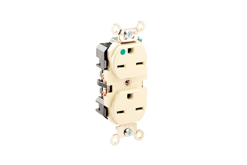 Toma hembra doble grado hospital tierra aislada 15 A 125 V marfil NEMA 6-15R Leviton, vista lateral en ángulo con terminales