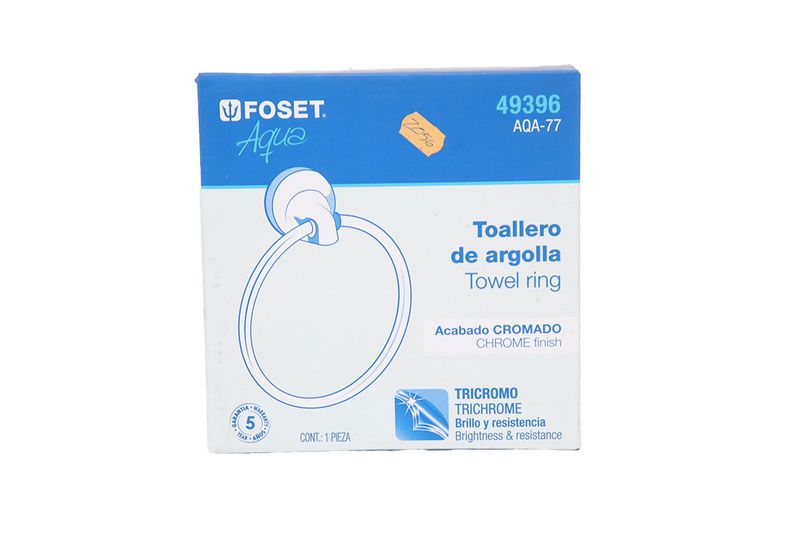 Toallero de argolla cromado Aqua Foset, empaque de cartón blanco y azul con ilustración del producto