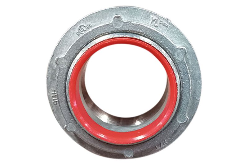 Conector IMC 1 1/2 Topaz, vista frontal del orificio con sello interno de color rojo