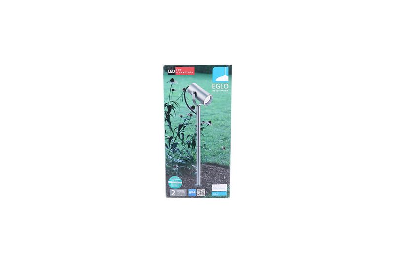 Lámpara de estaca acero inoxidable 1 L 5 W 350 lum 3000 K GU10 25 largo IP44 Eglo, en su empaque con foto del producto