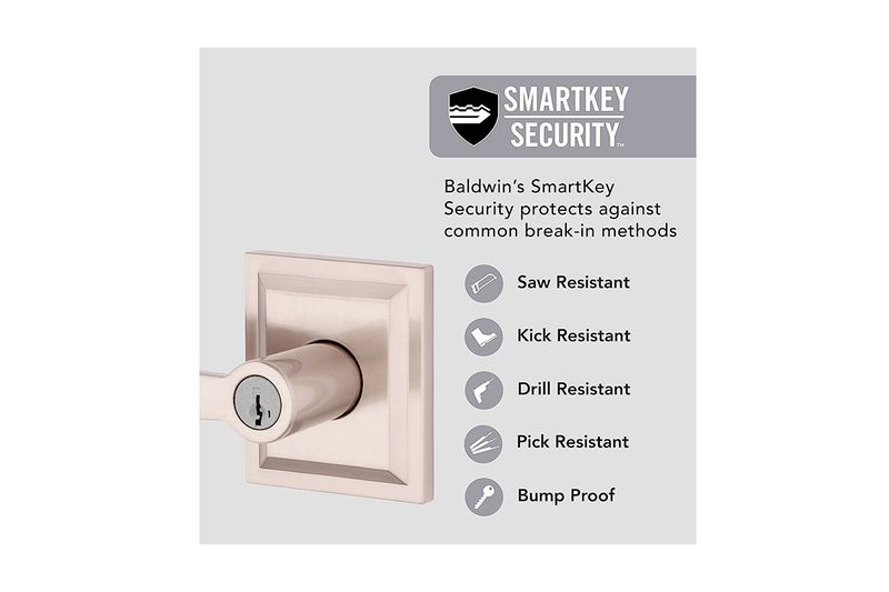 Cerradura manecilla de entrada Torrey Pines níquel satin Baldwin, gráfico de seguridad SmartKey con lista de resistencias