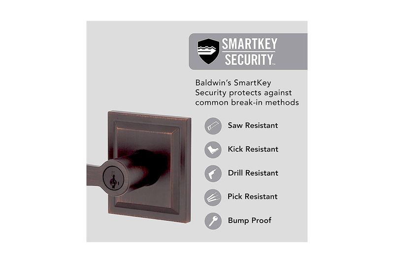 Cerradura manecilla entrada Torrey Pines bronce veneciano Baldwin, gráfico de seguridad SmartKey con lista de beneficios