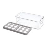 Organizador plástico de cocina transparente y gris Interdesign, vista del contenedor vacío y la rejilla gris separada