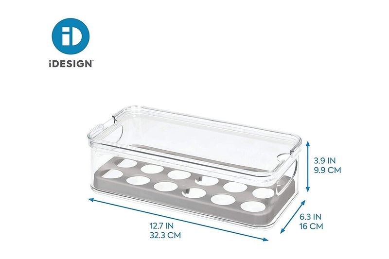 Organizador plástico de cocina transparente/gris Interdesign, gráfico con dimensiones en pulgadas y centímetros