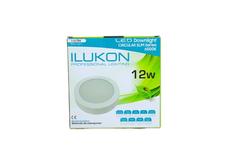 Luminaria sobreponer LED 7 12W 600lum 6500K redonda Ilukon, vista frontal de la caja con ilustración del producto