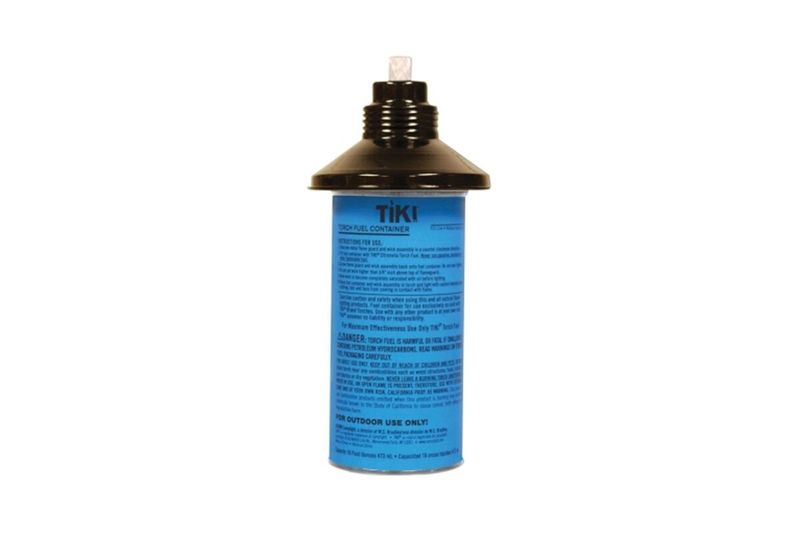 Combustible de repuesto para antorcha Tiki de 12 onzas, envase cilíndrico azul con tapa negra y mecha blanca arriba