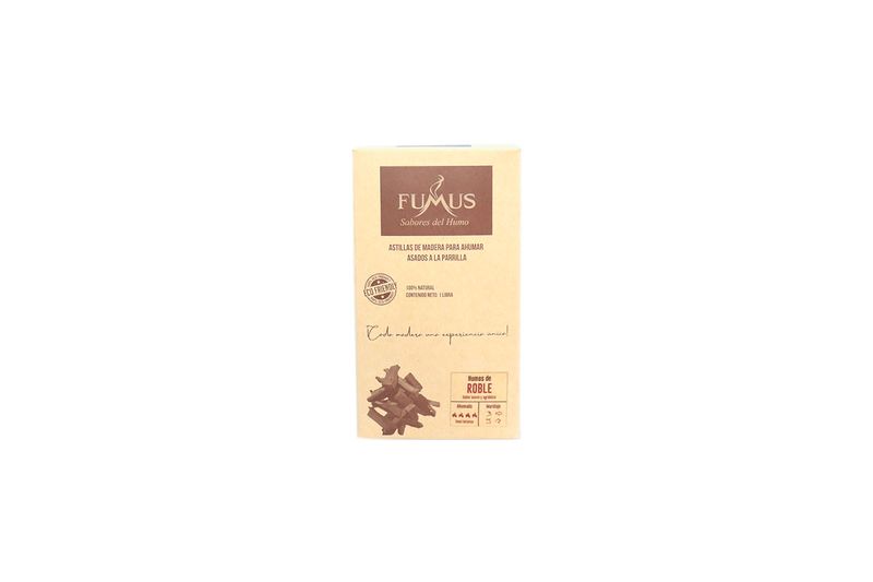 Astillas para ahumar sabor roble Fumus de 1 lb, empaque rectangular de cartón color beige con ilustración del producto