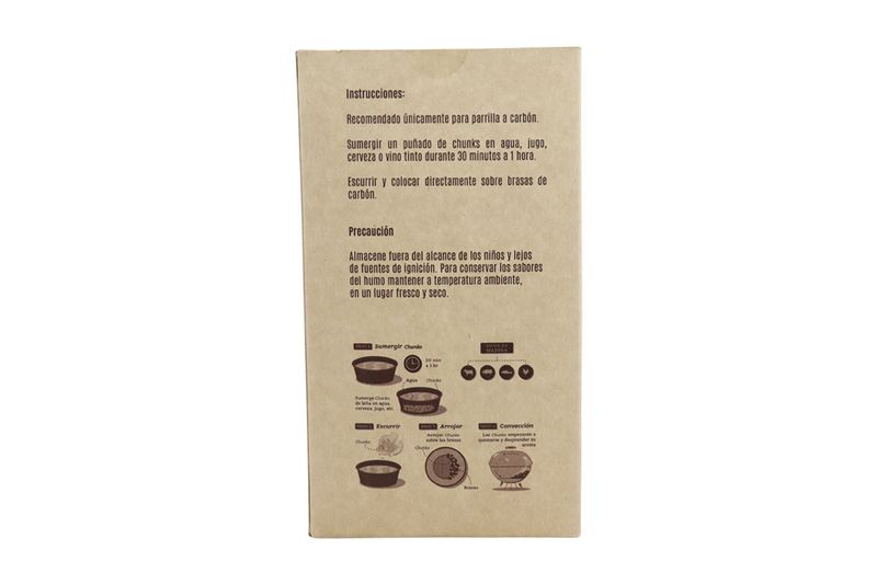 Chunks para ahumar sabor espinillo Fumus de 1 lb, parte posterior del empaque con instrucciones de uso e ilustraciones
