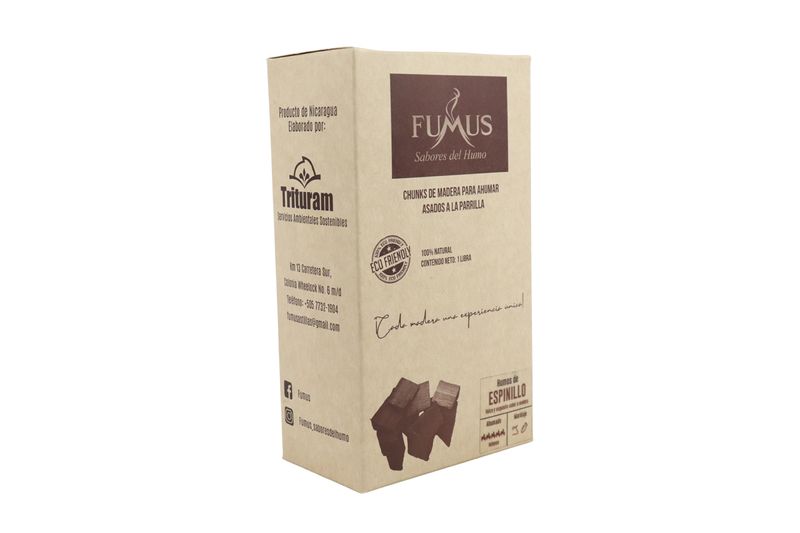Chunks para ahumar sabor espinillo Fumus de 1 lb, vista lateral de la caja de cartón con información de contacto