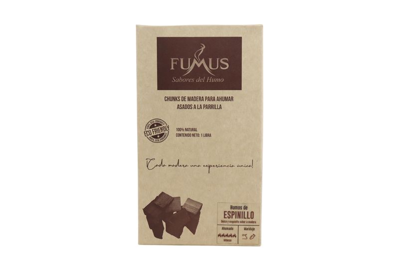 Chunks para ahumar sabor espinillo Fumus de 1 lb, empaque de cartón color kraft con información del producto