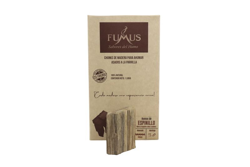 Chunks para ahumar sabor espinillo Fumus de 1 lb, empaque de cartón marrón con ilustración de trozos de madera