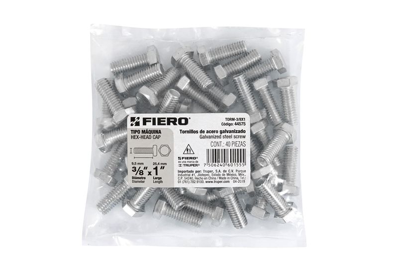 Perno C-hexagonal galvanizado 3/8 x 1 pulgada Fiero, bolsa transparente con 40 piezas y etiqueta informativa
