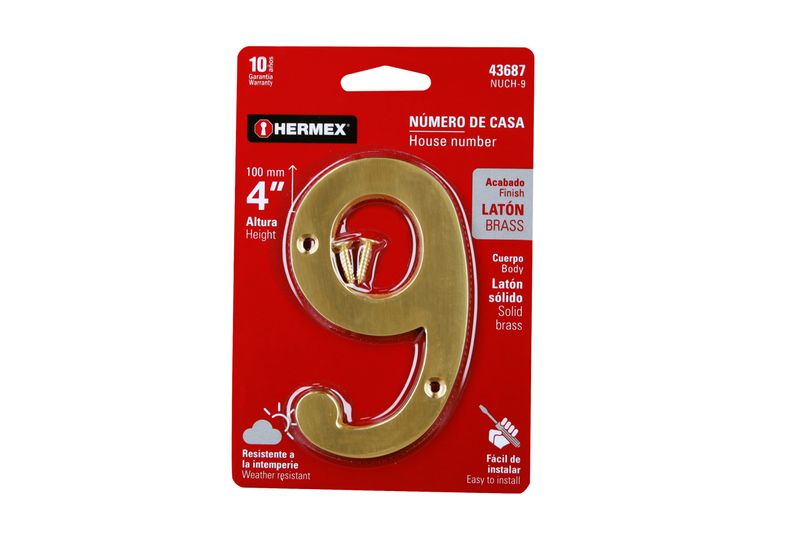Número 9 dorado de 4 pulgadas Hermex, en empaque rojo con tornillos de fijación incluidos