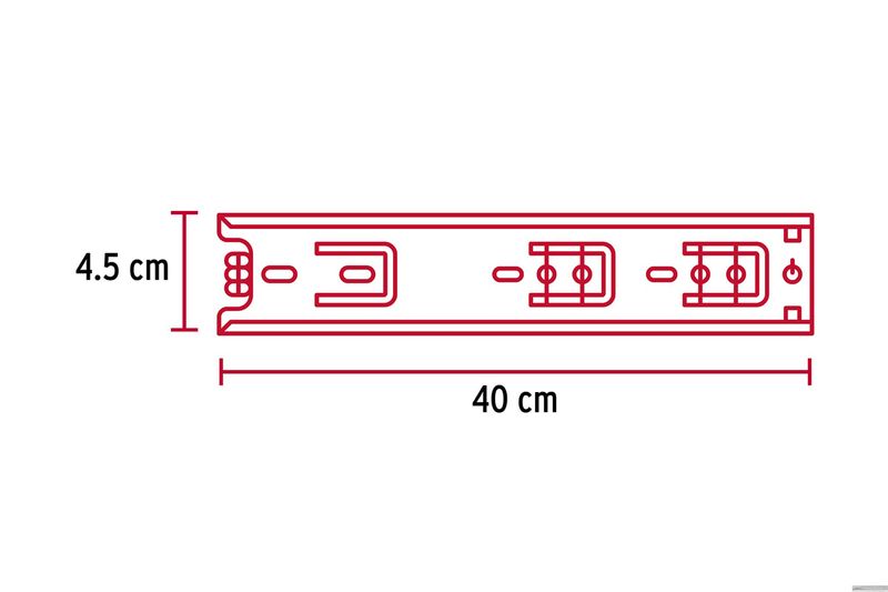 Riel para gaveta 1.7 x 31.5 pulgadas 34 kg cierre suave Hermex, gráfico técnico con medidas de 4.5 cm y 40 cm