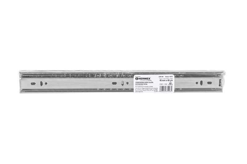 Riel para gaveta 1.7 x 31.5 pulgadas 34 kg cierre suave Hermex, empaque plástico con etiqueta blanca y código de barras