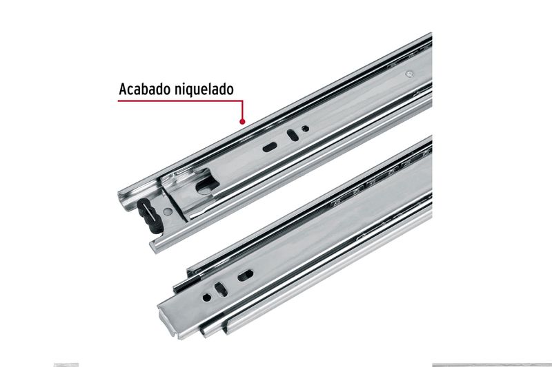 Riel para gaveta 1.7 x 31.5 pulgadas 34 kg cierre suave Hermex, primer plano detallando el acabado niquelado