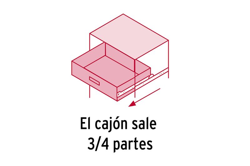 Riel para gaveta apertura 3/4 1 x 37.4 pulgadas 10 kg cierre suave Hermex, gráfico ilustrativo de la apertura del cajón