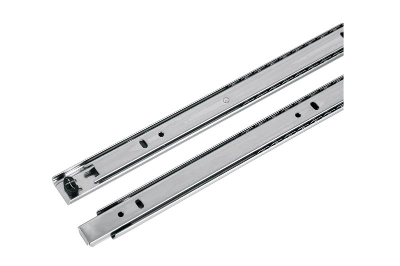 Riel para gaveta apertura 3/4 1 x 37.4 pulgadas 10 kg cierre suave Hermex, vista lateral de los dos rieles metálicos