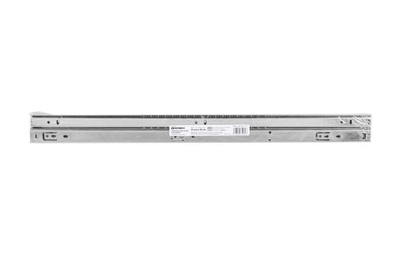 Riel para gaveta apertura 3/4 1 x 37.4 pulgadas 10 kg cierre suave Hermex, vista lateral del riel en su empaque plástico