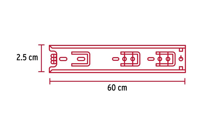 Riel para gaveta apertura 3/4 1 x 37.4 pulgadas 10 kg cierre suave Hermex, gráfico técnico con medidas de 60 cm y 2.5 cm